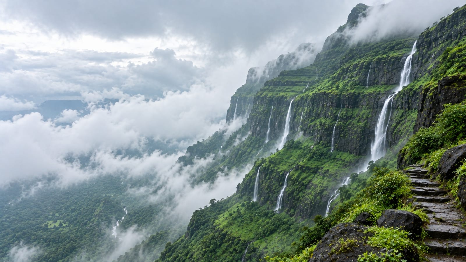 Monsoon waterfalls on the Brahmagiri ridge — source of the Godavari