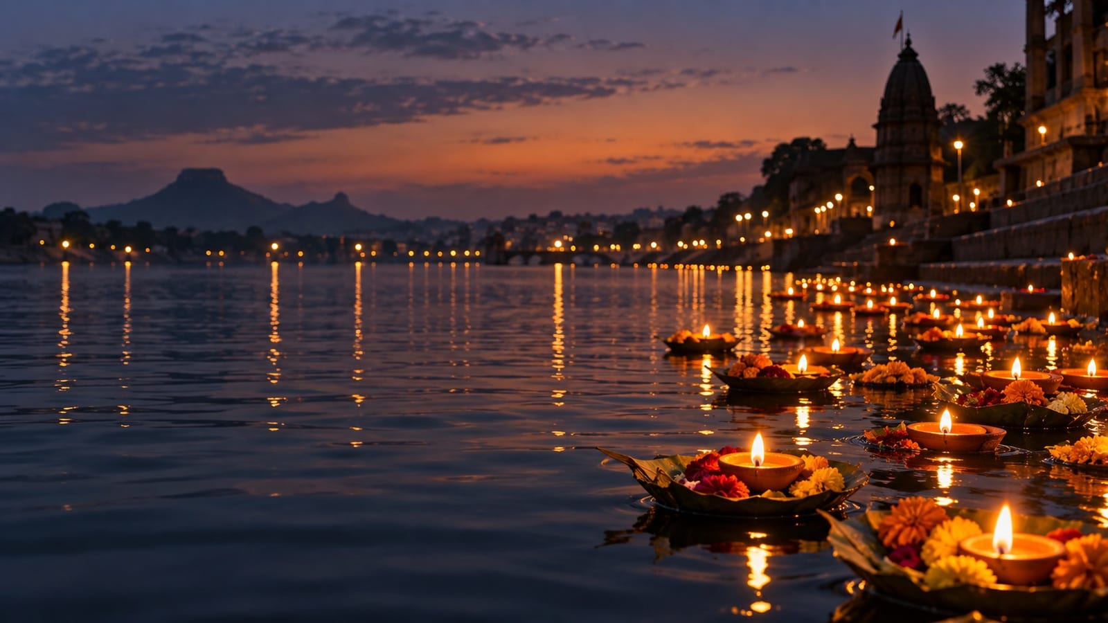 Evening lamps on the Godavari at Panchavati