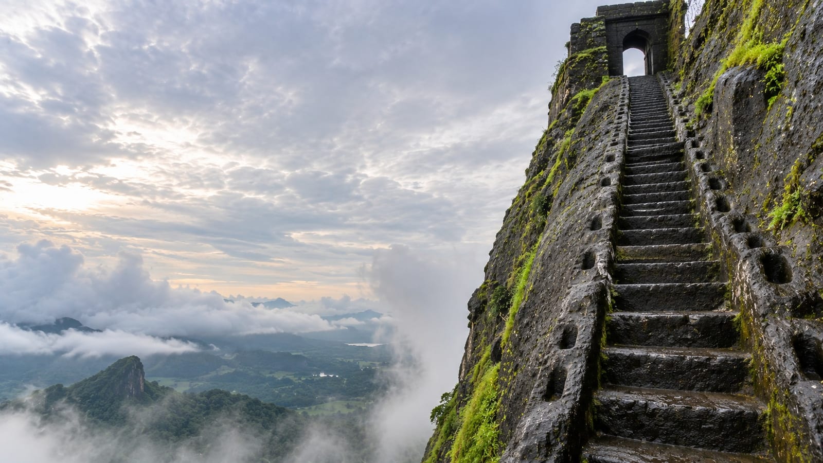 The near-vertical rock-cut stairway