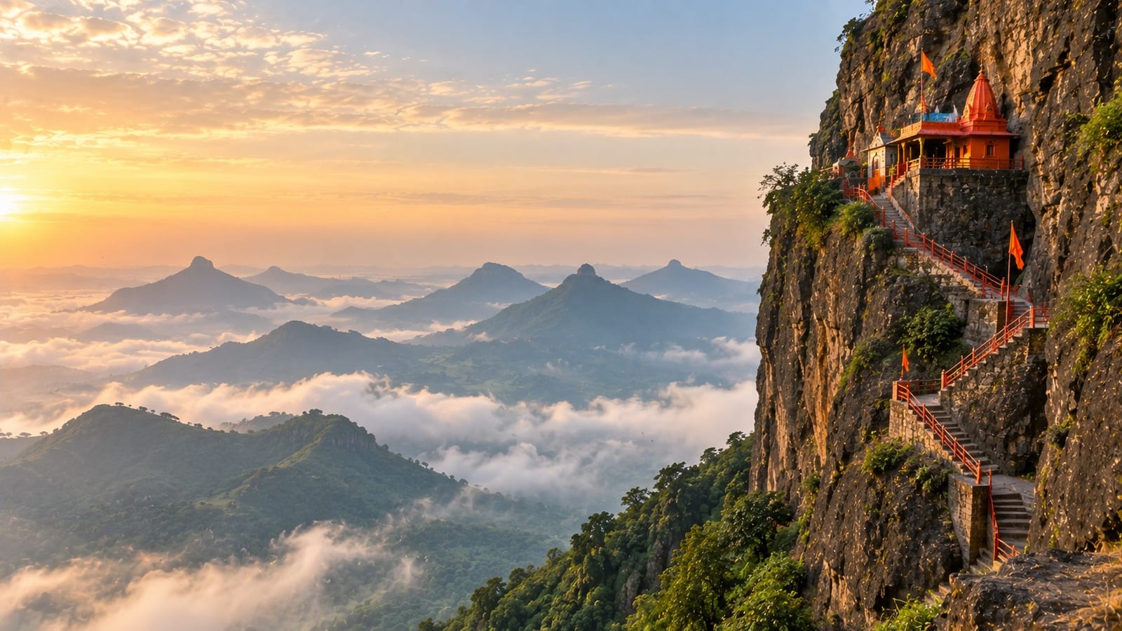 The cliff shrine above a sea of cloud