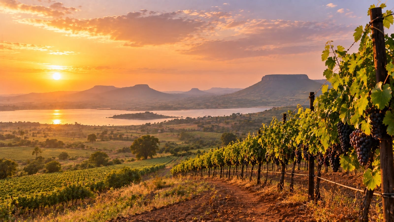 Vineyard rows above the lake at golden hour